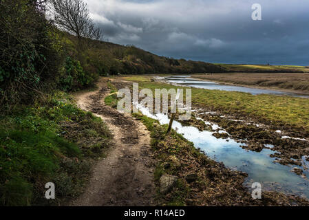 Die penpol Wanderweg Reitweg reitweg am Ufer des Fluss Gannel in Newquay in Cornwall. Stockfoto