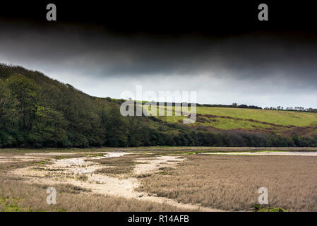 Dunkle Wolken über die Salzwiesen auf dem gannel Mündung in Newquay Cornwall. Stockfoto