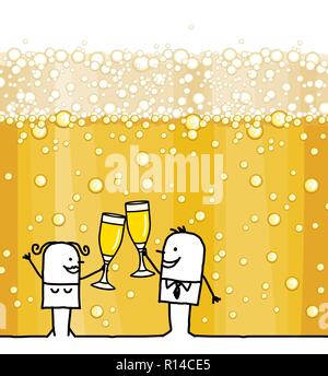 Cartoon Paar trinken Champagner und Blasen Hintergrund Stock Vektor