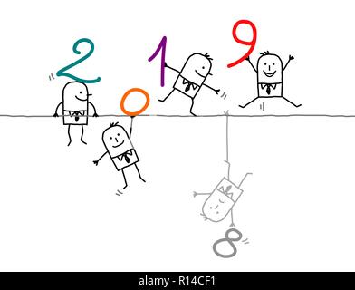 Cartoon Männer auf einem Draht mit 2019 Nummern Stock Vektor