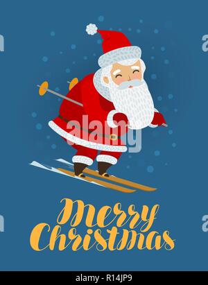 Frohe Weihnachten Grußkarte. Santa Claus ist Skifahren. Cartoon Vector Illustration Stock Vektor