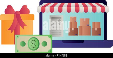 Laptop mit Zelt und Geschenk isolierte Symbol Stock Vektor