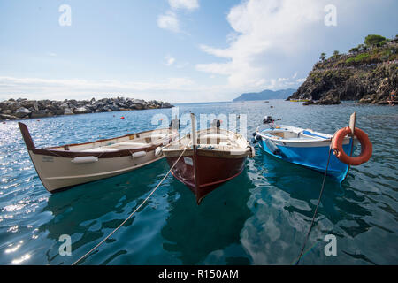 Fischerboote im Hafen von Manarola, eines der Dörfer der Cinque Terre an der ligurischen Küste von Italien, Europa Stockfoto