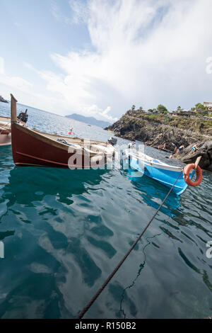 Fischerboote im Hafen von Manarola, eines der Dörfer der Cinque Terre an der ligurischen Küste von Italien, Europa Stockfoto