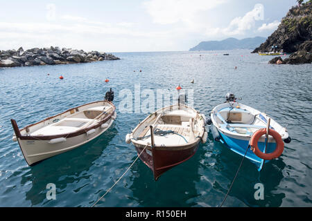 Fischerboote im Hafen von Manarola, eines der Dörfer der Cinque Terre an der ligurischen Küste von Italien, Europa Stockfoto