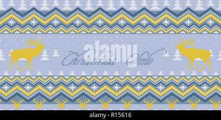 Weihnachten Verkauf. Winter gestrickte wollene nahtlose Muster mit Rentier und skandinavischen Ornament Stock Vektor