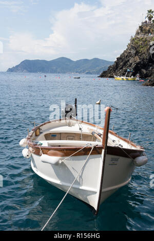 Fischerboote im Hafen von Manarola, eines der Dörfer der Cinque Terre an der ligurischen Küste von Italien, Europa Stockfoto