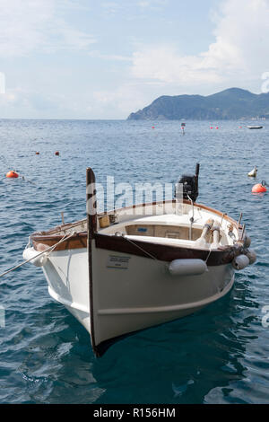 Fischerboote im Hafen von Manarola, eines der Dörfer der Cinque Terre an der ligurischen Küste von Italien, Europa Stockfoto