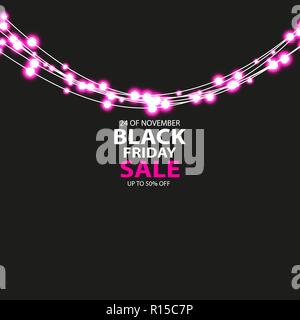 Schwarzer Freitag verkauf Plakat mit leuchtend roten Glühlampen auf dunklem Hintergrund. Vector Illustration Stock Vektor