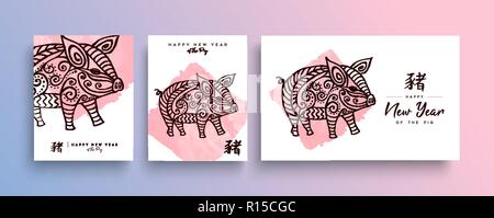 Chinesisches neues Jahr 2019 Grußkarten-Kollektion, Illustration mit abstrakten Hand gezeichnet Ferkel und Urlaub Kalligraphie Zitat, dass Schwein bedeutet. Stock Vektor