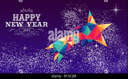 Neues Jahr 2019 urlaub Grußkarte oder Poster Design mit bunten Dreieck Shooting Star und Label Abbildung: Glücklich. EPS 10 Vektor. Stock Vektor