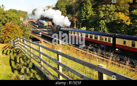 Dampfzug verlassen Goathland auf der North Yorkshire Moors Railway. Stockfoto