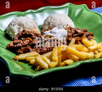 Sote stroganoff mit Reis und Pommes frites auf Platte Stockfoto