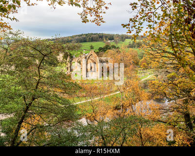 Die Ruinen von Bolton Priory aus der Sicht über den Fluss Wharfe im Herbst in Bolton Abbey Yorkshire Dales England Stockfoto