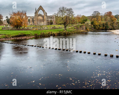 Trittsteine über den River Wharfe und die Ruinen von Bolton Priory im Herbst Bolton Abbey Yorkshire Dales England Stockfoto