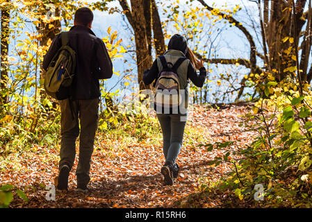 Zurück zwei Wanderer Wandern im Herbst Wald anzeigen Stockfoto