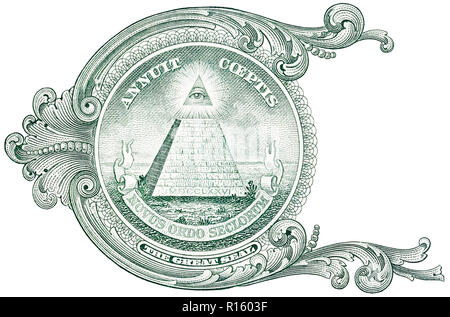 Von den 1 Dollar bill Detail, zeigt die Pyramide mit Auge und die Inschrift Annuit Coeptis. Stockfoto