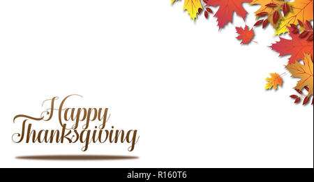 Weiß isoliert Happy Thanksgiving Typ in der Ecke mit Herbstlaub Stockfoto