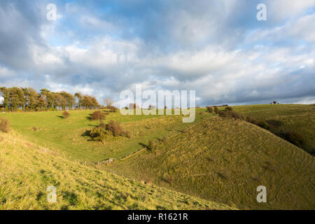 The Devil's Knettrog im späten Herbstlicht am Nachmittag, Wye Downs, Kent, Großbritannien. Dies ist Teil der Kent Downs AONB. Stockfoto