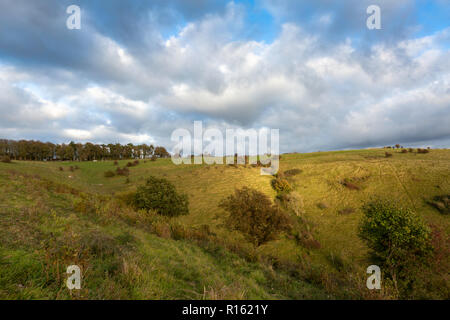 Blick von der Devil's Knetmulde, Wye Downs, Kent, Großbritannien. Dies ist Teil der Kent Downs AONB. Aufgenommen während des späten Nachmittags Herbstlichts. Stockfoto