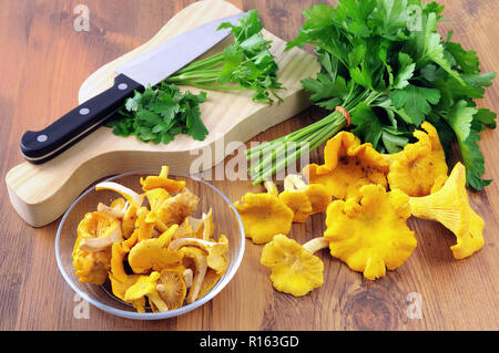 Golden Pfifferlinge und frischer Petersilie Zutaten eine Mahlzeit zu kochen. Stockfoto