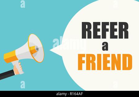 Empfehlen Sie einen Freund Poster mit Megafon und Hand. Vector Illustration Stock Vektor