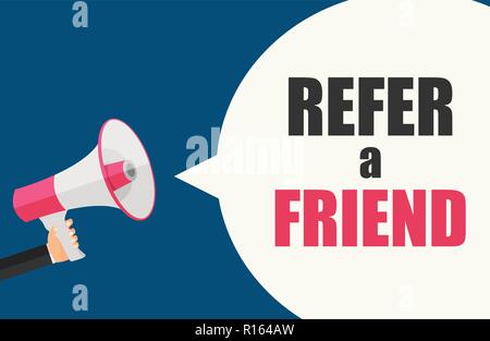 Empfehlen Sie einen Freund Poster mit Megafon und Hand. Vector Illustration Stock Vektor