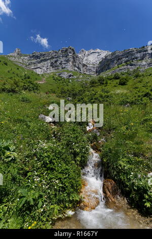 Crystal Clear Mountain Stream mit Gleitschirmen fliegen hoch in den blauen Himmel über dem See von Annecy Frankreich Stockfoto