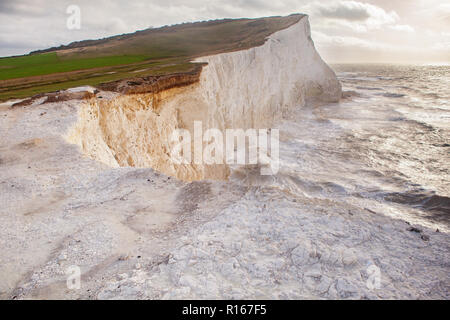 Seaford Head Spaziergang auf den Klippen, East Sussex, England. Sicht auf die Klippen und das Meer, östlich von Seaford, selektiver Fokus Stockfoto