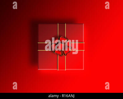 Roter Geschenkbox mit rotem Band und Bogen gegen roten Hintergrund, Ansicht von oben Stockfoto
