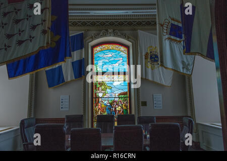 Glasfenster in Quebec Parlamentsgebäude Stockfoto