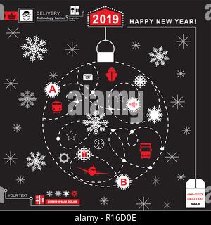 Roter Pfad in der Form der christmas Ball auf grauem Hintergrund. Weiß Rot Grau weihnachten Logistik Symbole auf dem schwarzen Hintergrund. Technologie Hintergrund Stock Vektor
