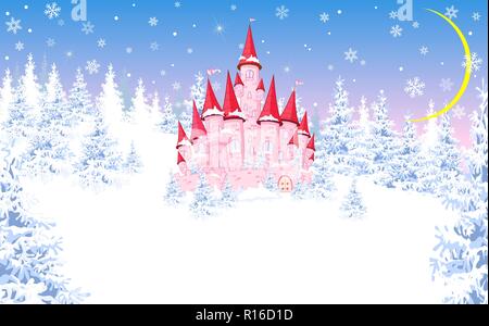 Cartoon rosa Schloss. Winter Landschaft, Wald, Schnee. Nacht, der Mond. Stock Vektor