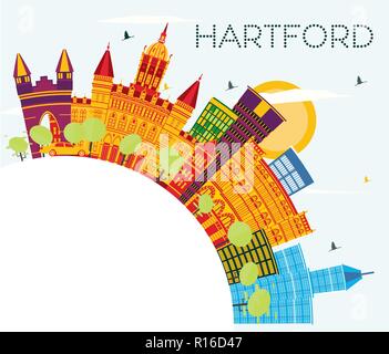 Hartford Connecticut USA Skyline mit Farbe Gebäude, blauer Himmel und Kopieren. Vector Illustration. Business Travel und Tourismus Konzept Stock Vektor