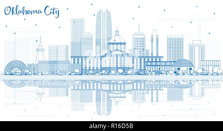 Gliederung Oklahoma City Skyline mit blauen Gebäude und Reflexionen. Vector Illustration. Business Travel und Tourismus Konzept mit moderner Architektur. Stock Vektor