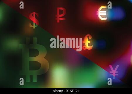 Vector Illustration einer Wechselstube Konzept mit Dollar, Yen, Pfund, Rubel, Euro Symbole auf einem geteilten grünen und roten Hintergrund. Stock Vektor