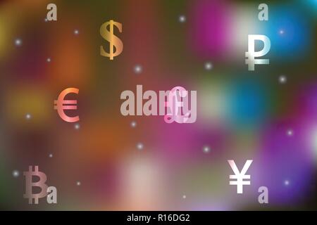 Vector Illustration einer Wechselstube Konzept mit Dollar, Yen, Pfund, Rubel, Euro Symbole auf einer festlichen motley Hintergrund. Stock Vektor