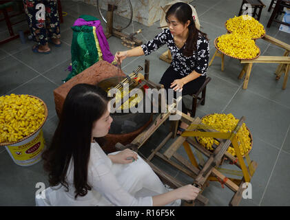 Hanoi, Vietnam. 8 Nov, 2018. Frauen arbeiten bei Van Phuc Seide Dorf in Hanoi, Vietnam, an November 8, 2018. Van Phuc ist eine der bekanntesten und ältesten Seide - Weberei Dorf in Vietnam. Ihre Produkte sind nicht nur vielfältig in Vietnam verzehrt, aber auch in vielen anderen Ländern und Regionen in der ganzen Welt exportiert. Credit: Ngo Minh Tien/Xinhua/Alamy leben Nachrichten Stockfoto