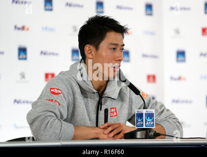 9. November 2018, O2 Arena, London, England; Nitto ATP-Tennisturniers, Medien Tag; Kei Nishikori Beantwortung von Fragen aus der Presse Stockfoto