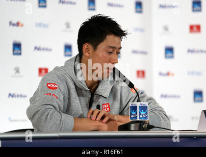 9. November 2018, O2 Arena, London, England; Nitto ATP-Tennisturniers, Medien Tag; Kei Nishikori Beantwortung von Fragen aus der Presse Stockfoto