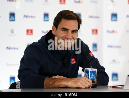 9. November 2018, O2 Arena, London, England; Nitto ATP-Tennisturniers, Medien Tag; Roger Federer die Beantwortung von Fragen aus der Presse Stockfoto