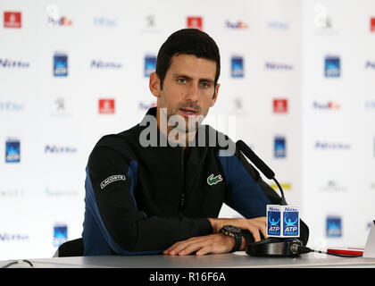 9. November 2018, O2 Arena, London, England; Nitto ATP-Tennisturniers, Medien Tag; Novak Djokovic Beantwortung von Fragen aus der Presse Stockfoto