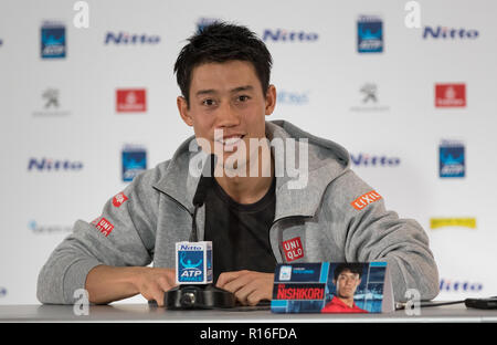 London, Großbritannien. 09 Nov, 2018. London, Großbritannien. 9 Nov, 2018. Kei Nishikori (Japan) Während die Medien Tag am Nitto ATP World Tour Finals in London in der O2, London, England am 9. November 2018. Foto von Andy Rowland. Credit: Andrew Rowland/Alamy leben Nachrichten Stockfoto