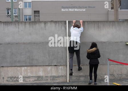 Berlin, Deutschland. 09 Nov, 2018. Die Menschen Rosen an der Gedenkstätte Berliner Mauer während einer Gedenkfeier anlässlich des 29. Jahrestages der Berliner Mauer fallen. Foto: Ralf Hirschberger/dpa/Alamy leben Nachrichten Stockfoto