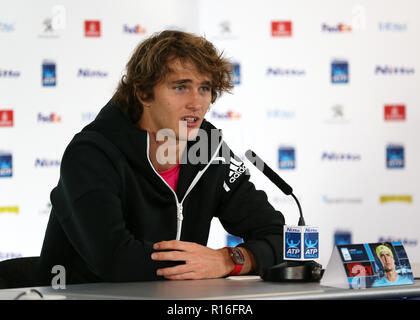 9. November 2018, O2 Arena, London, England; Nitto ATP-Tennisturniers, Medien Tag; Alexander Zverev Beantwortung von Fragen aus der Presse Stockfoto