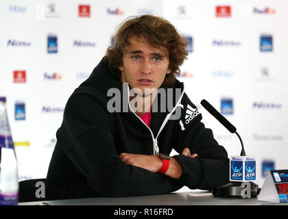 9. November 2018, O2 Arena, London, England; Nitto ATP-Tennisturniers, Medien Tag; Alexander Zverev Beantwortung von Fragen aus der Presse Stockfoto