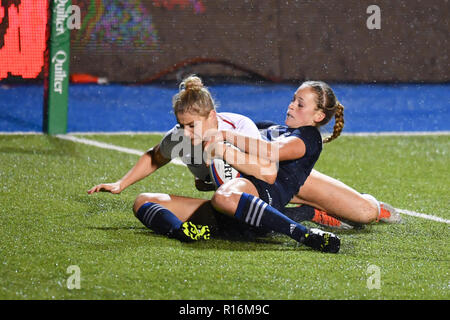 London, Großbritannien. 09 Nov, 2018. England's Carys Williams in Angriff genommen während Quilter Internationals - England Frauen vs USA Frauen bei der Allianz Park am Freitag, 09. November 2018. LONDON ENGLAND. (Nur redaktionelle Nutzung, eine Lizenz für die gewerbliche Nutzung erforderlich. Keine Verwendung in Wetten, Spiele oder einer einzelnen Verein/Liga/player Veröffentlichungen). Stockfoto