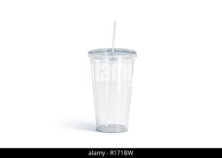 Leere weiße transparente Acryl tumbler mit Stroh Mockup, isoliert, 3D-Rendering. Leere Tasse mit Rohr mock up. Räumen Sie Behälter für Trinken. P Stockfoto