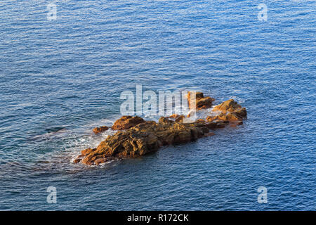 Felsige Anordnung in einem blauen Wasser bei Sonnenaufgang. Praia Formosa Strand von Funchal auf der Insel Madeira, Portugal Stockfoto
