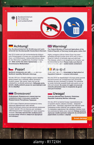 Notice Board/Plakat in vielen europäischen Sprachen Warnung über die Afrikanische Schweinepest, hoch ansteckende Krankheit, die Hausschweine und Wildschweine Stockfoto